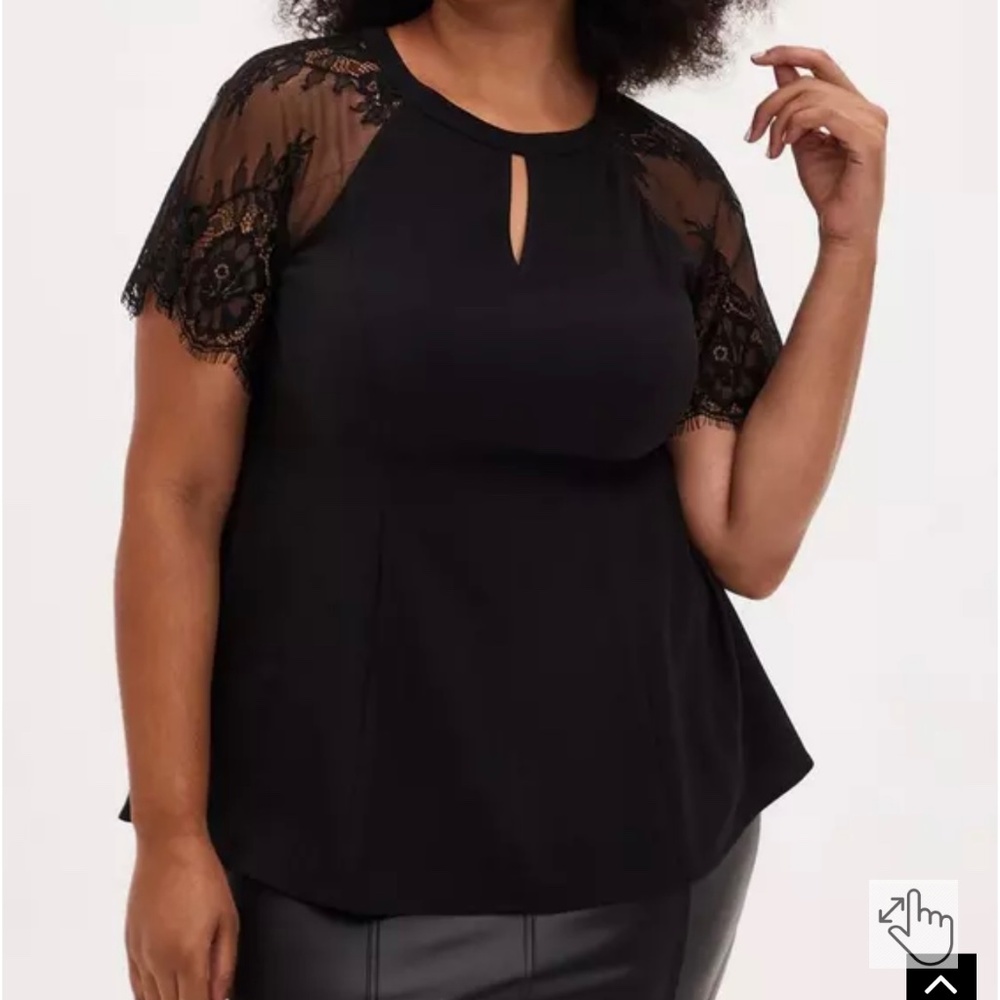 NWT Torrid Plus Size 1X Black Crepe Fit & Flare Blouse with Lace Sleeves - Picture 2 of 14